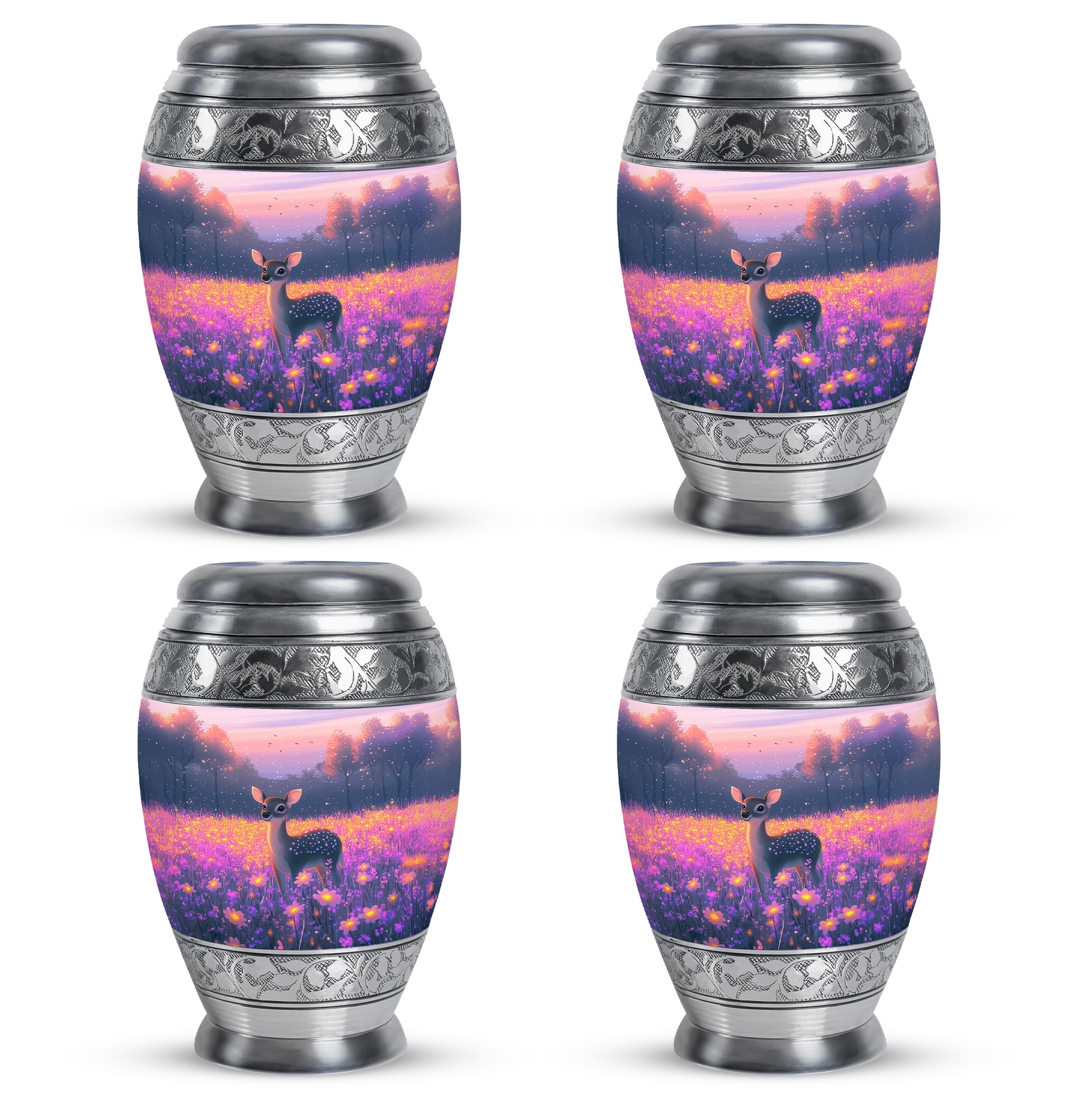 Soft Pink Deer Cremation Urn urn with complimentary velvet bag - majestic deer pattern with filigree border - 10 inch aluminum urn for cremated remains