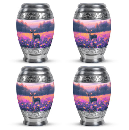 Soft Pink Deer Cremation Urn urn with complimentary velvet bag - majestic deer pattern with filigree border - 10 inch aluminum urn for cremated remains
