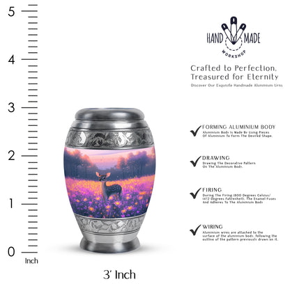 Salmon Pink Deer Cremation Urn lifestyle display on memorial shelf - majestic deer pattern with filigree border - mini keepsake memorial for portion of cremation ashes