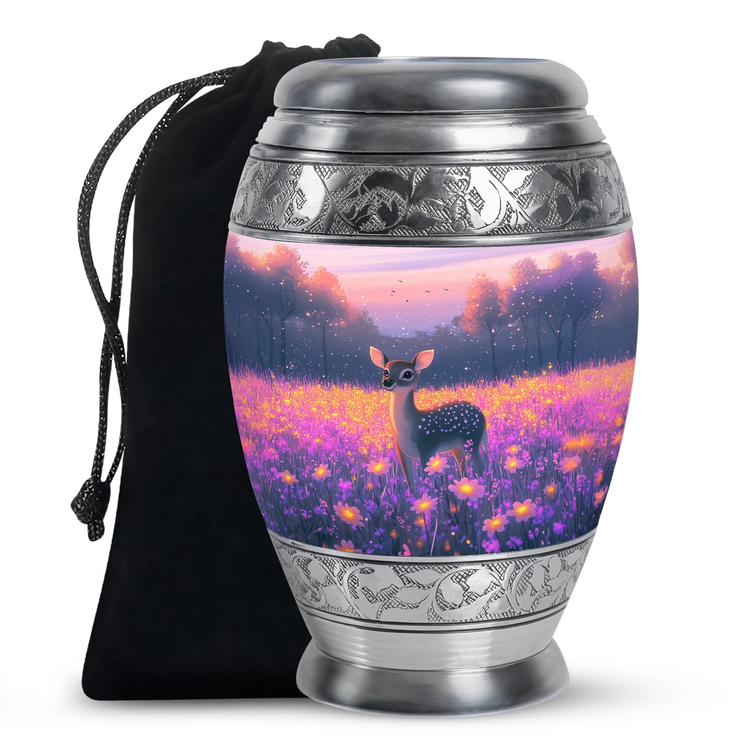 Dusty Pink Deer Cremation Urn back view with polished surface - royal deer engraving with decorative scrollwork - full-size 10 inch 200 cubic inch adult cremation urn