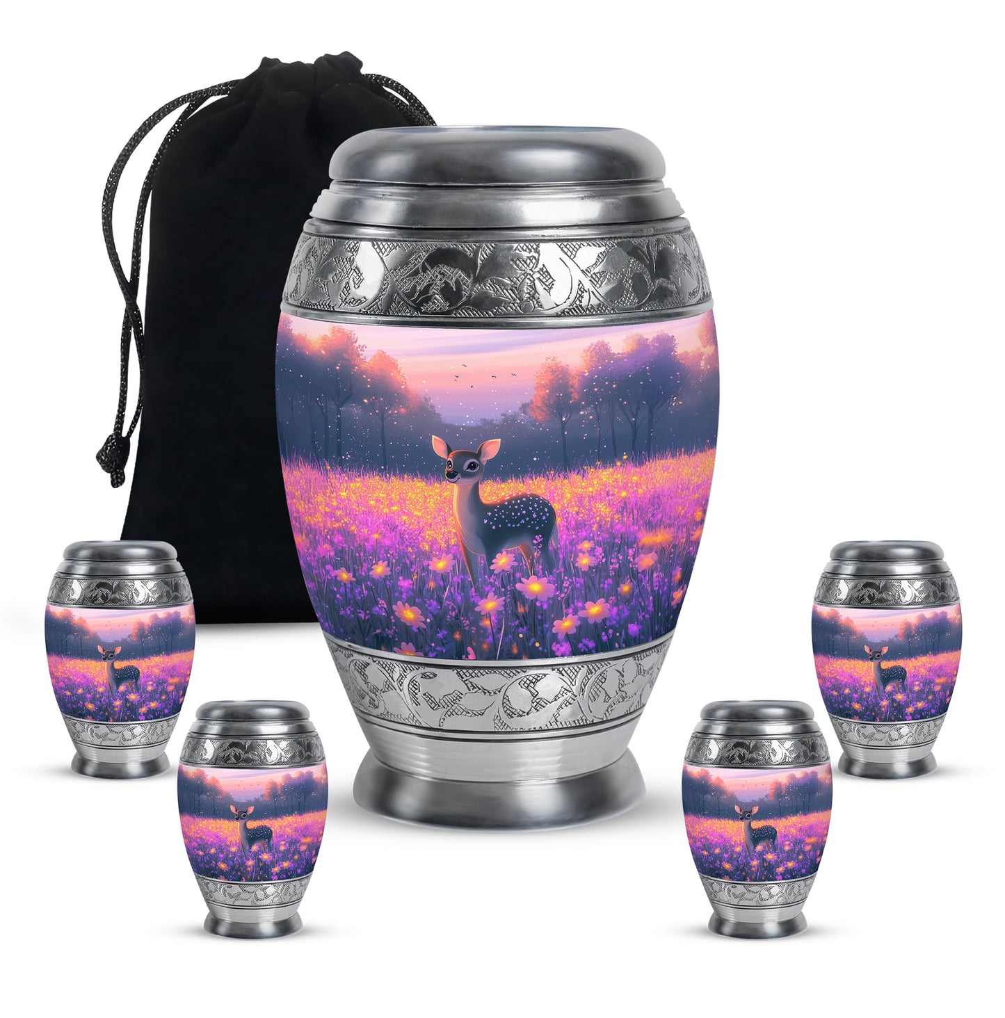 Pastel Pink Deer Cremation Urn detail view - ornate monarch-style deer relief on brushed aluminum - memorial set with one large and four small urns
