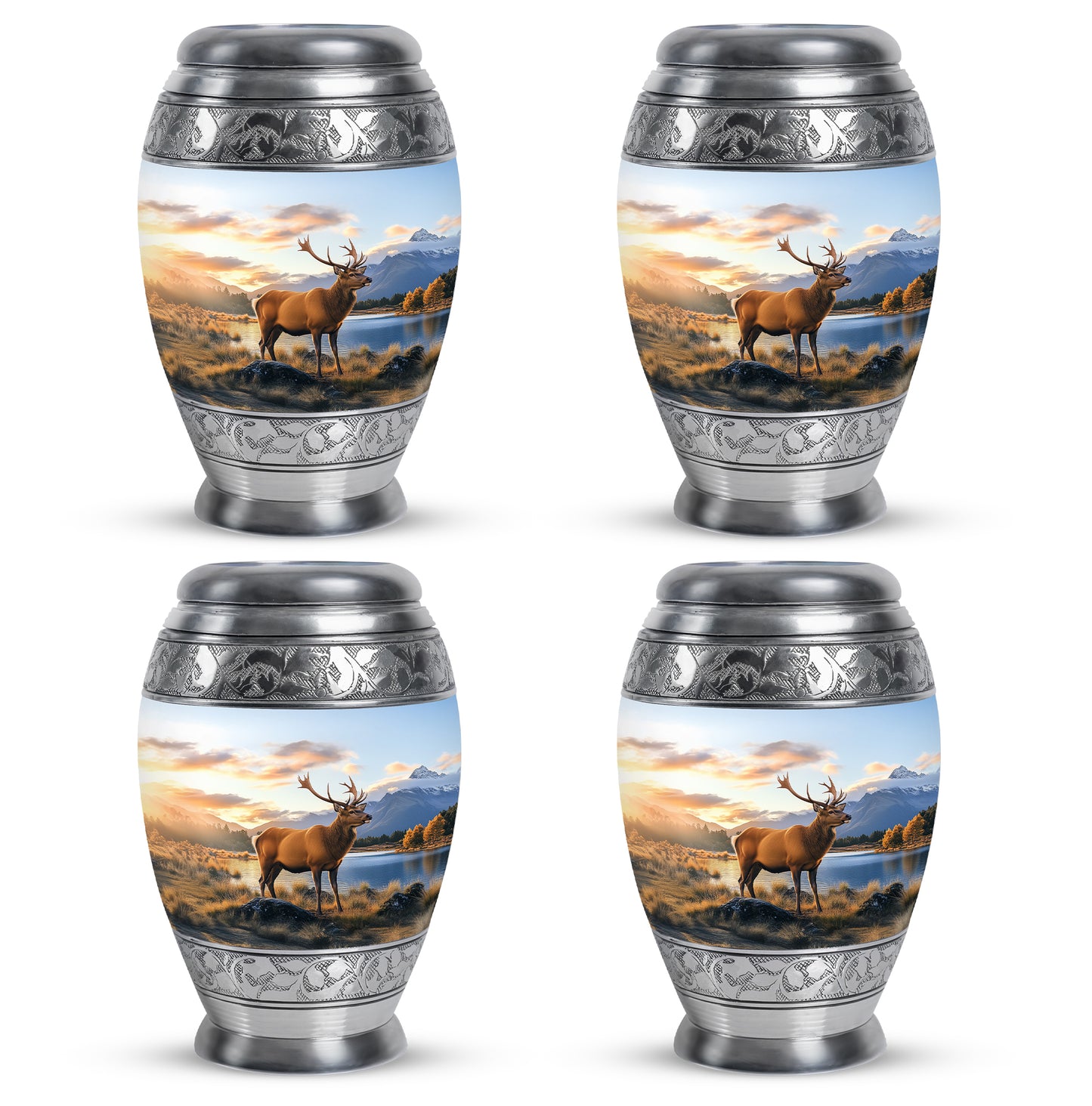 Icy Blue Deer Cremation Urn urn with complimentary velvet bag - ornate monarch-style deer relief on brushed aluminum - 10 inch aluminum urn for cremated remains