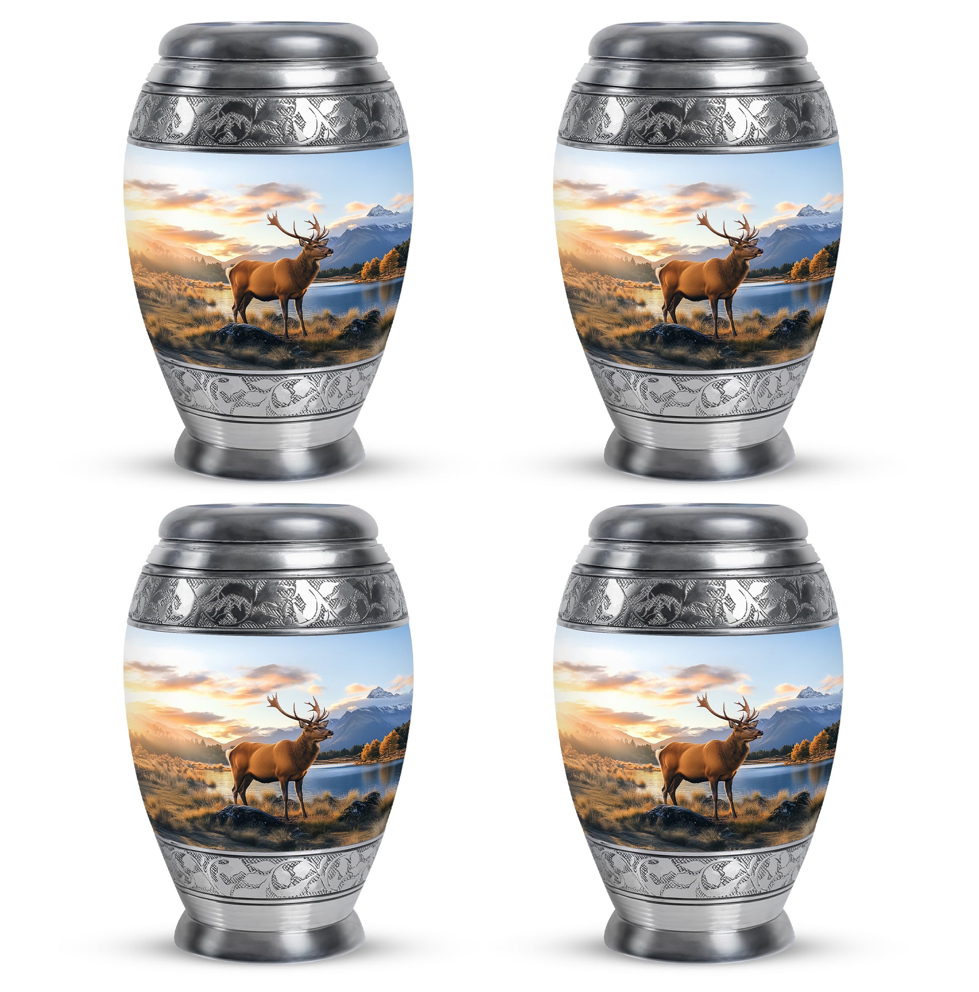 Icy Blue Deer Cremation Urn urn with complimentary velvet bag - ornate monarch-style deer relief on brushed aluminum - 10 inch aluminum urn for cremated remains