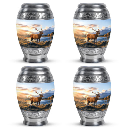 Icy Blue Deer Cremation Urn urn with complimentary velvet bag - ornate monarch-style deer relief on brushed aluminum - 10 inch aluminum urn for cremated remains