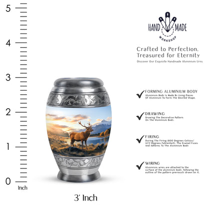 Azure Deer Cremation Urn lifestyle display on memorial shelf - ornate monarch-style deer relief on brushed aluminum - mini keepsake memorial for portion of cremation ashes