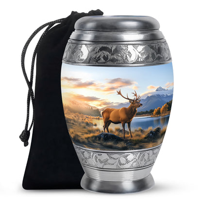 Cobalt Blue Deer Cremation Urn back view with polished surface - royal deer engraving with decorative scrollwork - full-size 10 inch 200 cubic inch adult cremation urn