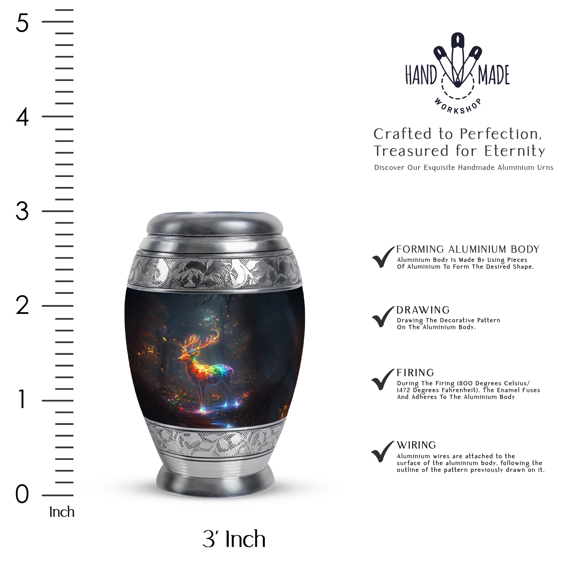Azure Deer Cremation Urn lifestyle display on memorial shelf - ornate monarch-style deer relief on brushed aluminum - mini keepsake memorial for portion of cremation ashes
