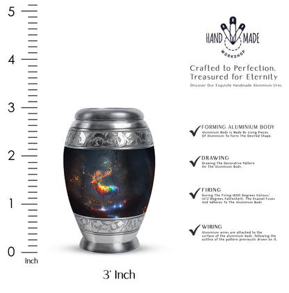 Azure Deer Cremation Urn lifestyle display on memorial shelf - ornate monarch-style deer relief on brushed aluminum - mini keepsake memorial for portion of cremation ashes