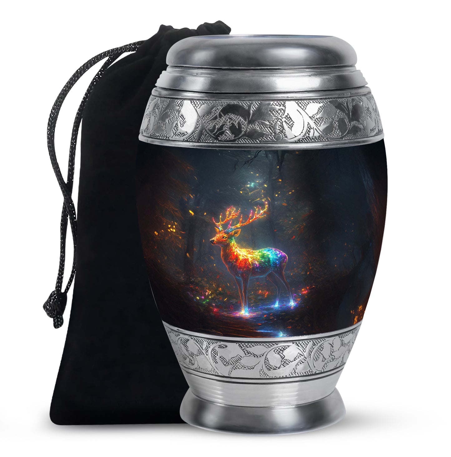 Royal Blue Deer Cremation Urn back view with polished surface - royal deer engraving with decorative scrollwork - full-size 10 inch 200 cubic inch adult cremation urn