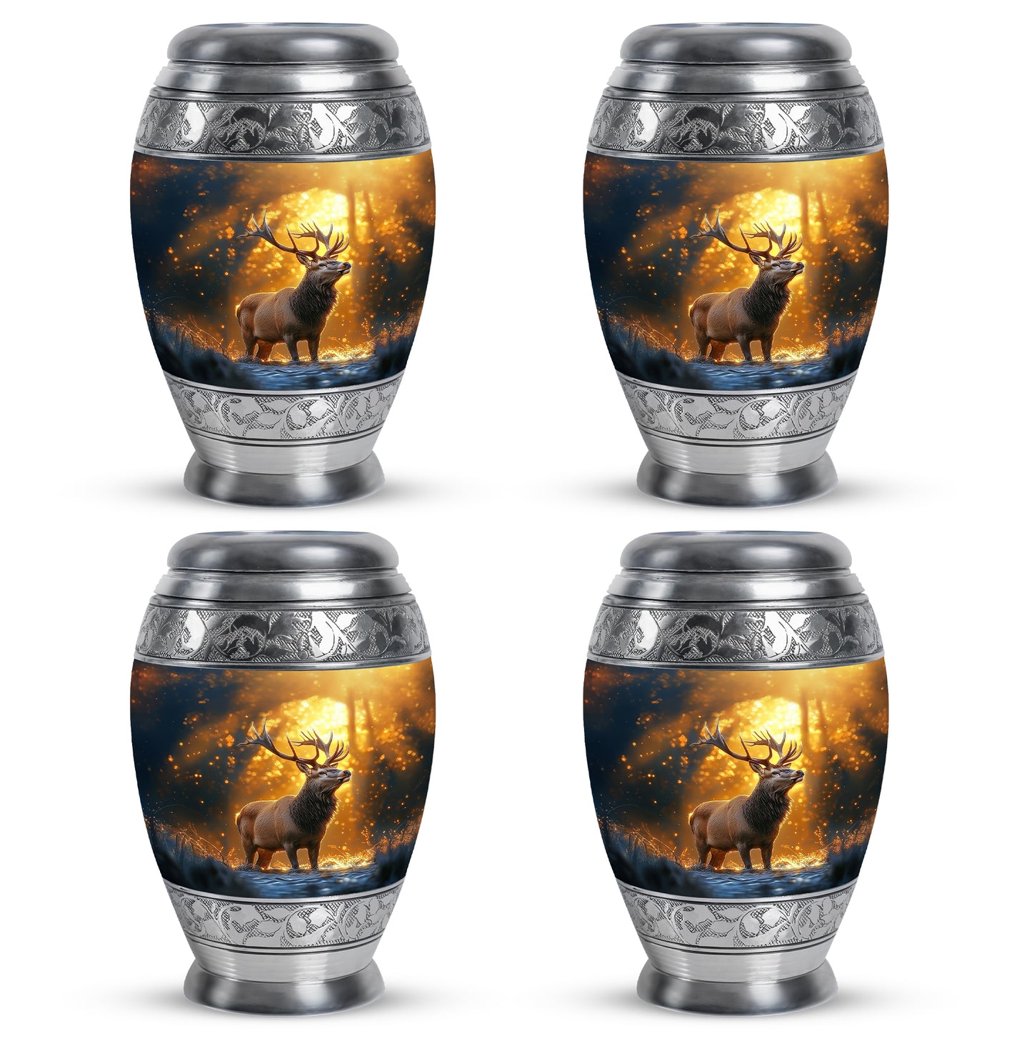 Sunrise Gold Deer Cremation Urn urn with complimentary velvet bag - ornate monarch-style deer relief on brushed aluminum - 10 inch aluminum urn for cremated remains