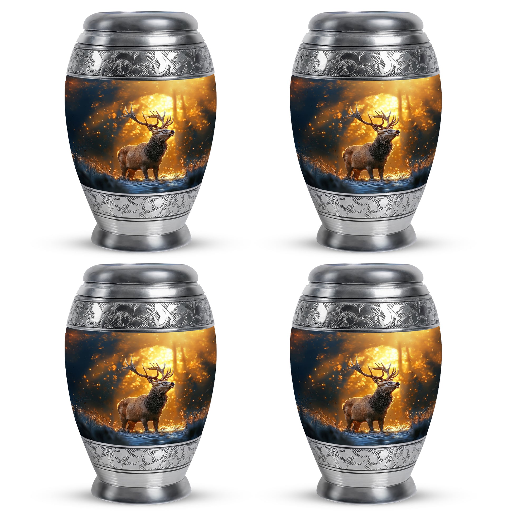 Sunrise Gold Deer Cremation Urn urn with complimentary velvet bag - ornate monarch-style deer relief on brushed aluminum - 10 inch aluminum urn for cremated remains