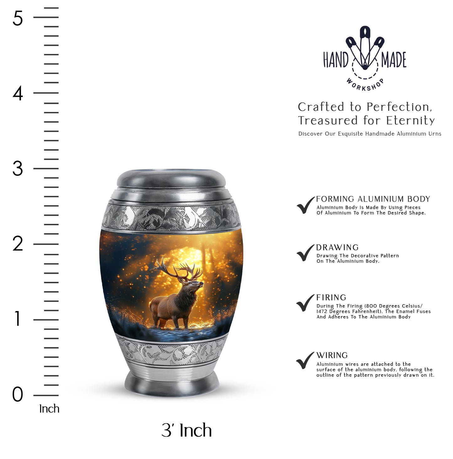 Harvest Gold Deer Cremation Urn lifestyle display on memorial shelf - royal deer engraving with decorative scrollwork - mini keepsake memorial for portion of cremation ashes