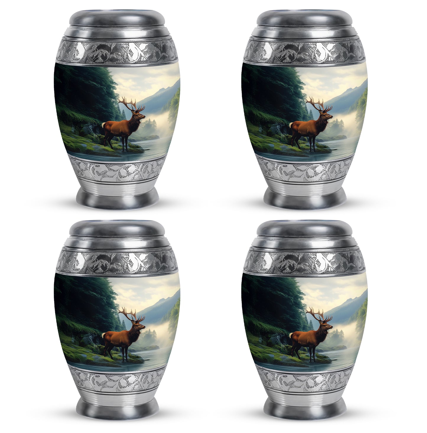Serene Blue Deer Cremation Urn urn with complimentary velvet bag - royal deer engraving with decorative scrollwork - 10 inch aluminum urn for cremated remains