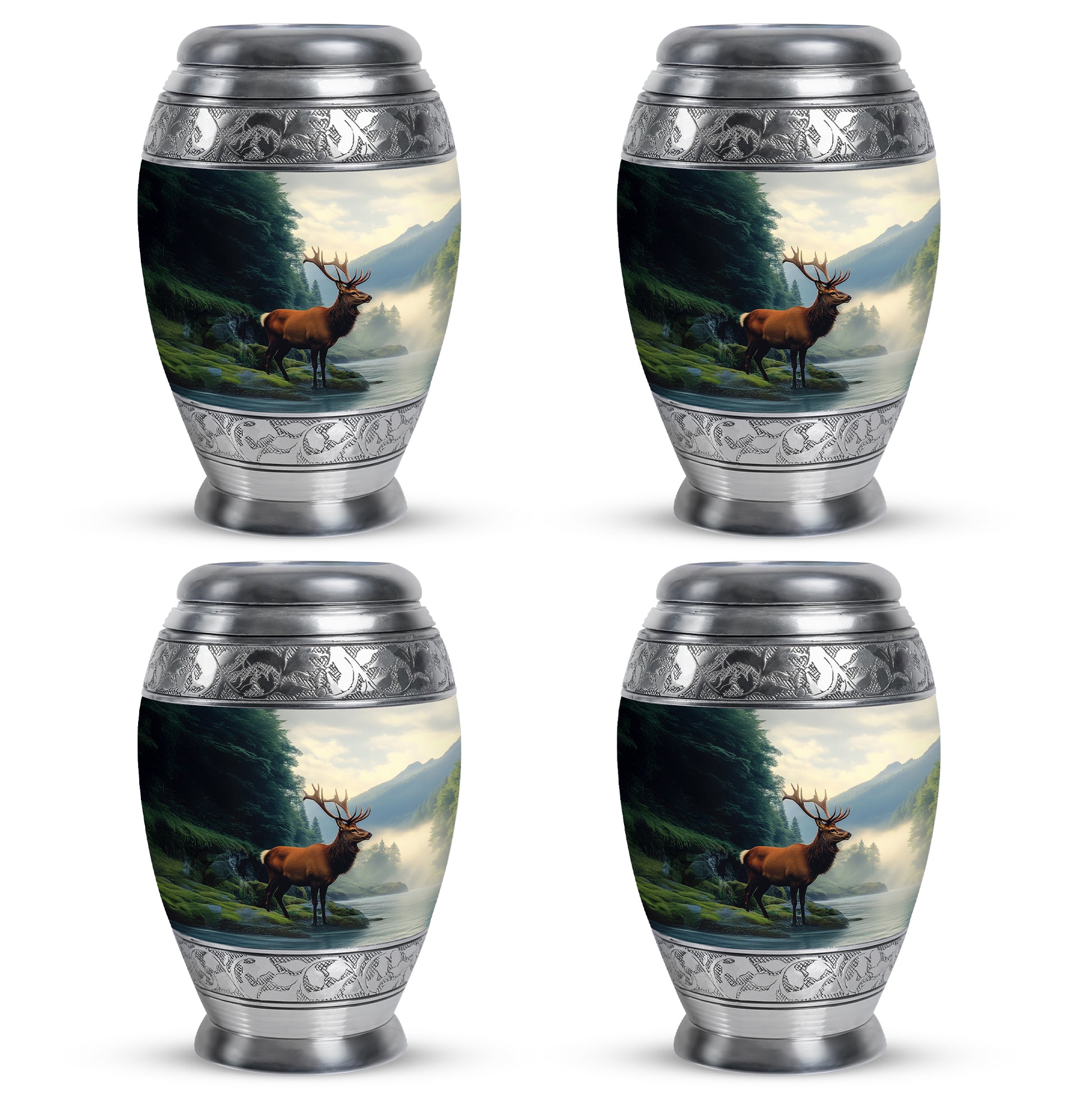 Serene Blue Deer Cremation Urn urn with complimentary velvet bag - royal deer engraving with decorative scrollwork - 10 inch aluminum urn for cremated remains