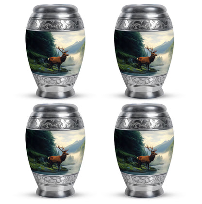 Serene Blue Deer Cremation Urn urn with complimentary velvet bag - royal deer engraving with decorative scrollwork - 10 inch aluminum urn for cremated remains