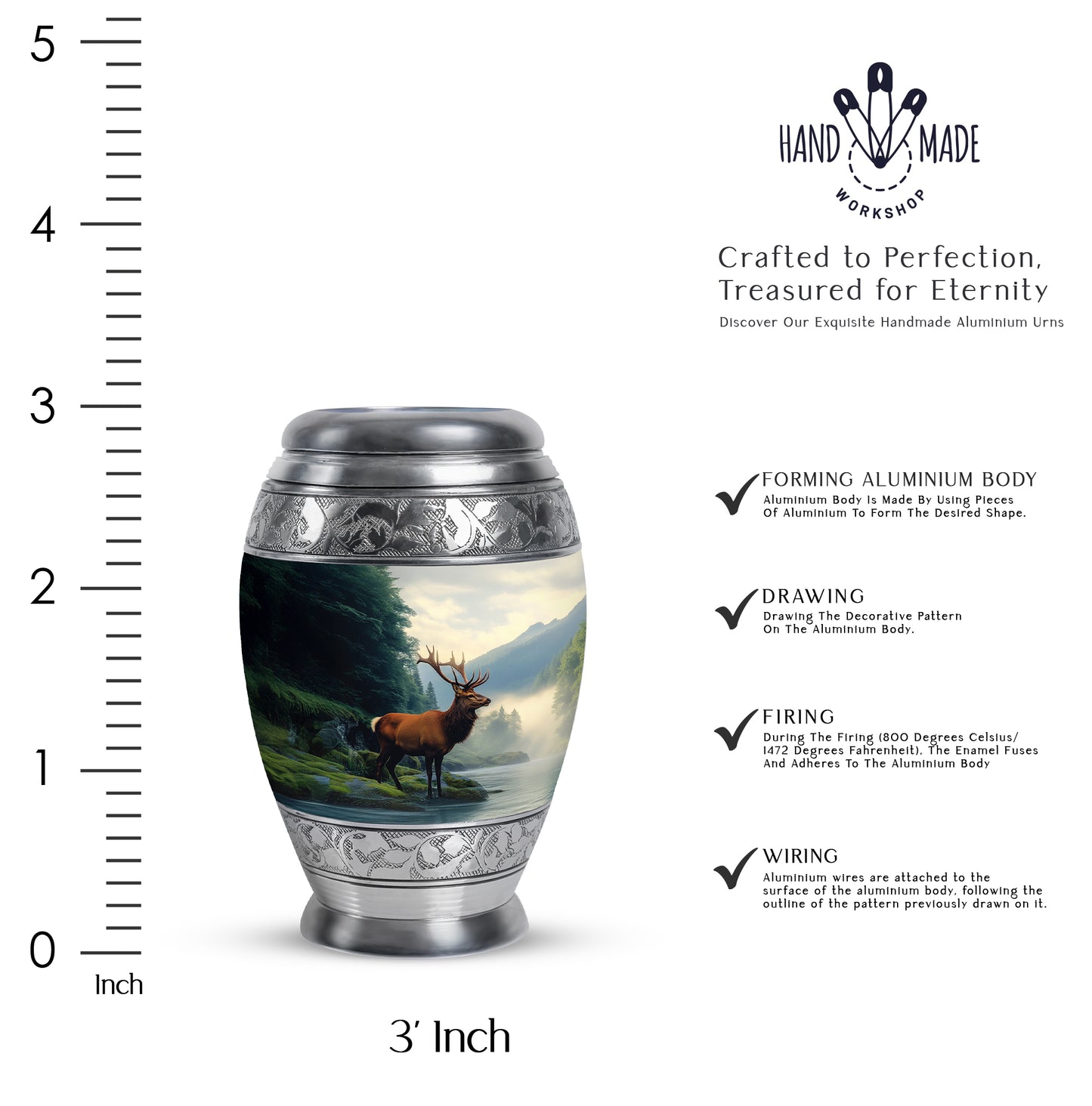 Vivid Blue Deer Cremation Urn lifestyle display on memorial shelf - majestic deer pattern with filigree border - mini keepsake memorial for portion of cremation ashes