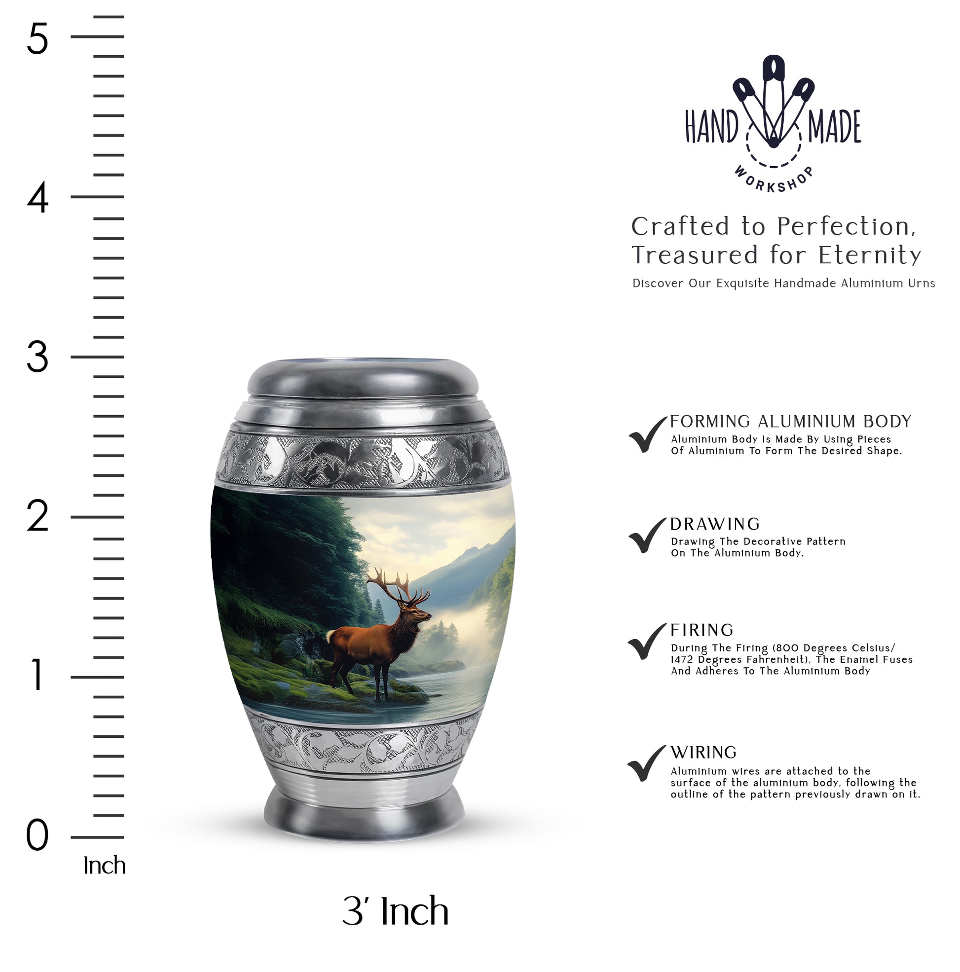 Vivid Blue Deer Cremation Urn lifestyle display on memorial shelf - majestic deer pattern with filigree border - mini keepsake memorial for portion of cremation ashes