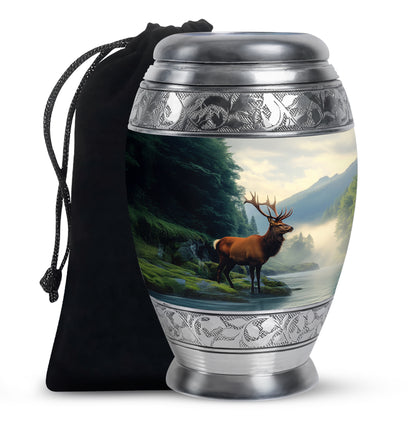 Azure Deer Cremation Urn back view with polished surface - ornate monarch-style deer relief on brushed aluminum - full-size 10 inch 200 cubic inch adult cremation urn
