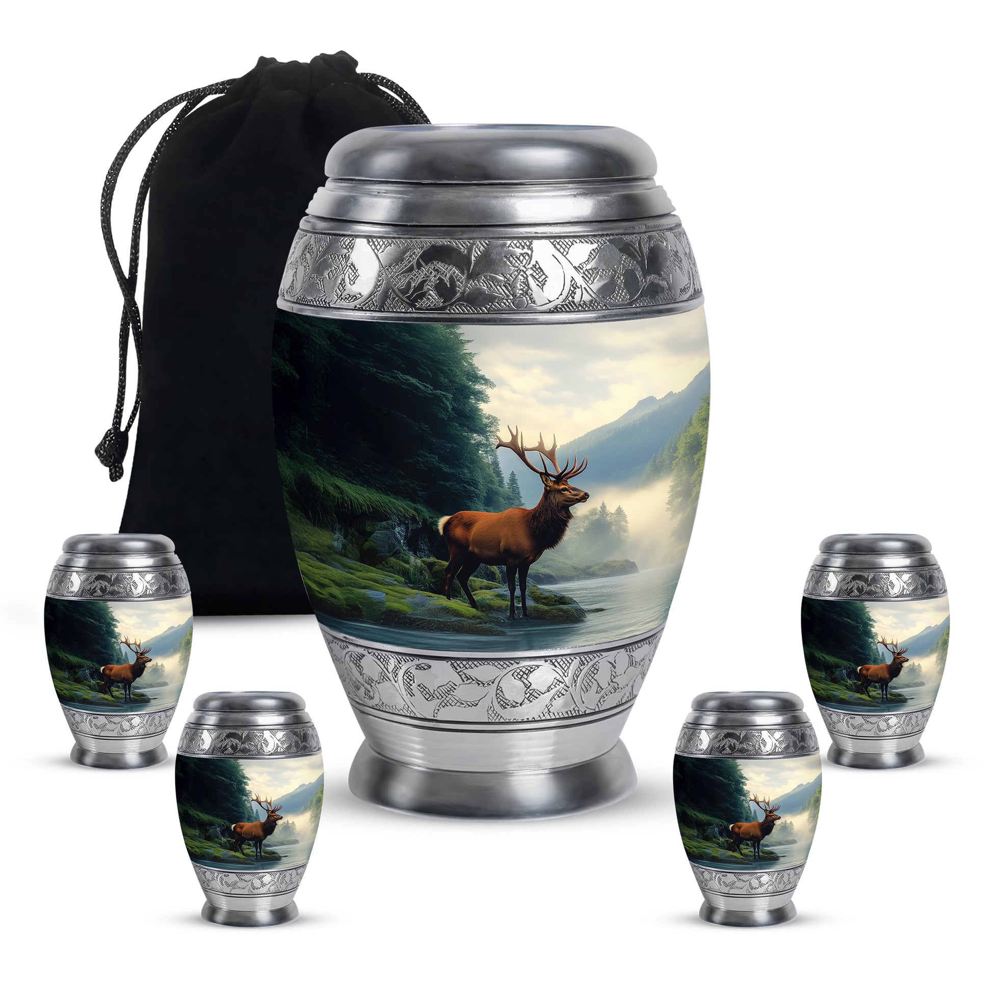 Powder Blue Deer Cremation Urn detail view - regal deer design with crown-inspired accents - memorial set with one large and four small urns