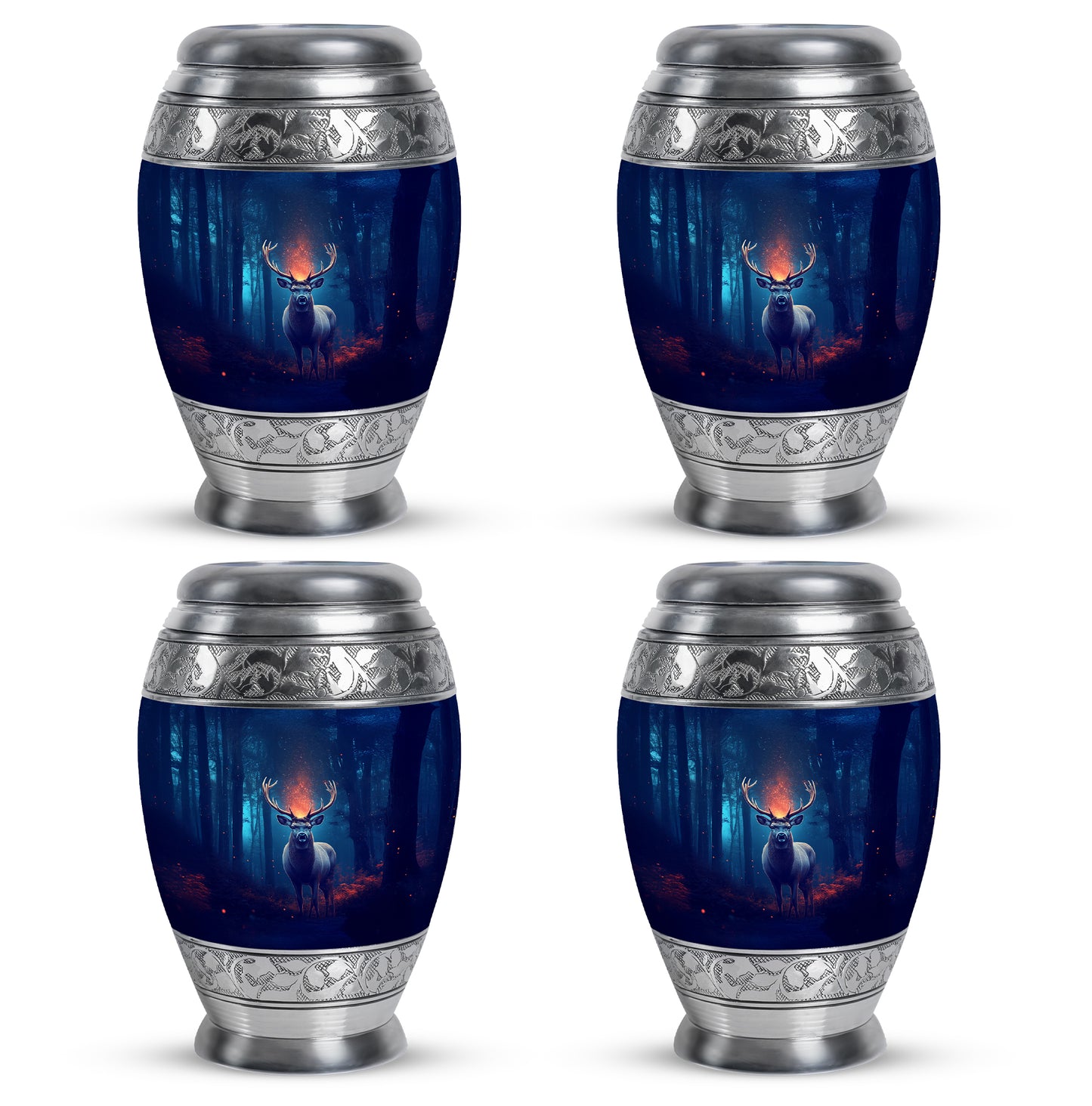 Sapphire Blue Deer Cremation Urn urn with complimentary velvet bag - majestic deer pattern with filigree border - 10 inch aluminum urn for cremated remains