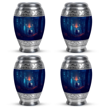 Sapphire Blue Deer Cremation Urn urn with complimentary velvet bag - majestic deer pattern with filigree border - 10 inch aluminum urn for cremated remains