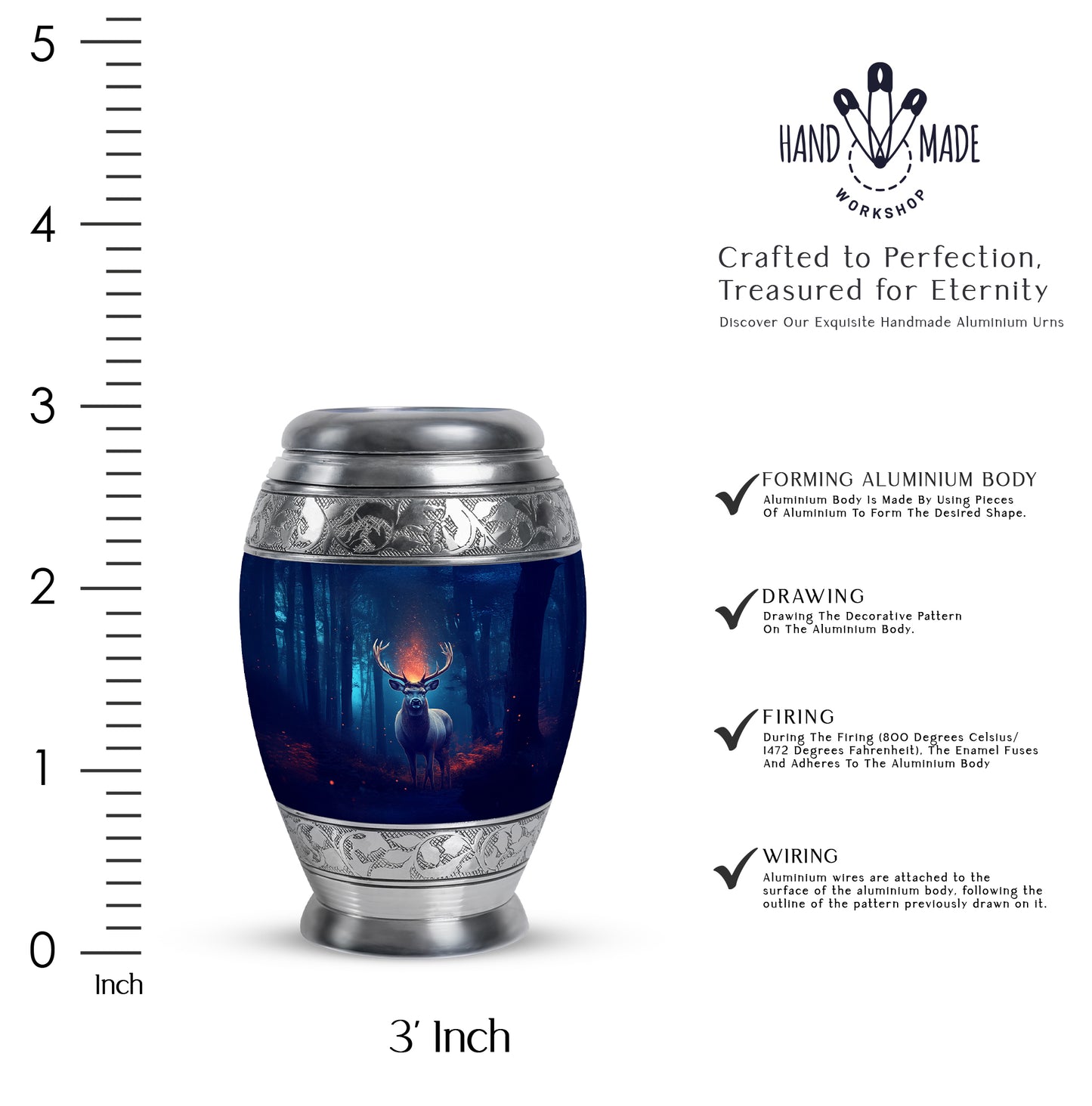 Slate Blue Deer Cremation Urn lifestyle display on memorial shelf - regal deer design with crown-inspired accents - mini keepsake memorial for portion of cremation ashes