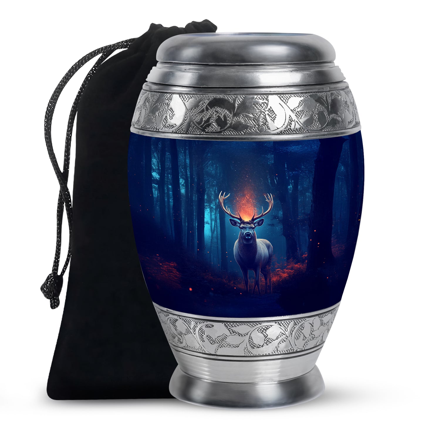 Indigo Deer Cremation Urn back view with polished surface - ornate monarch-style deer relief on brushed aluminum - full-size 10 inch 200 cubic inch adult cremation urn