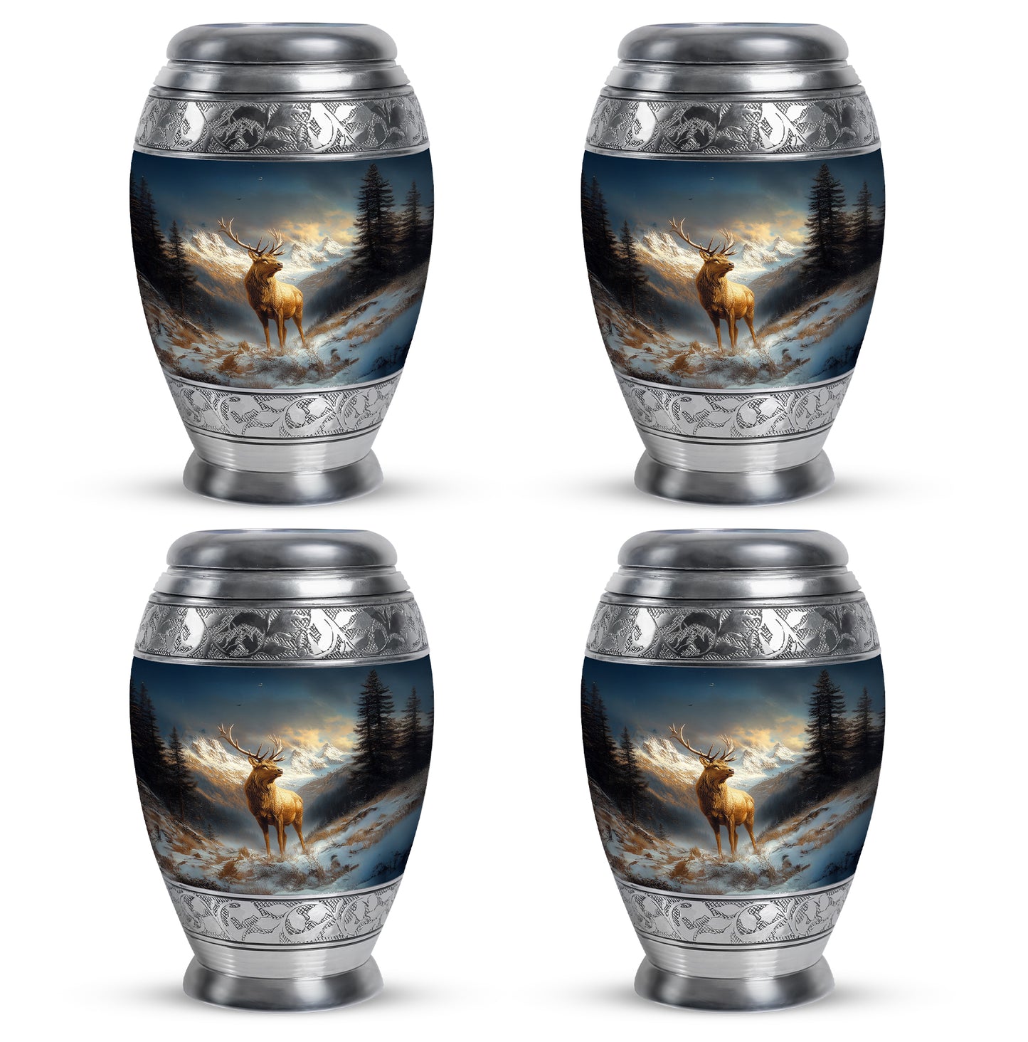Cobalt Blue Deer Cremation Urn urn with complimentary velvet bag - majestic deer pattern with filigree border - 10 inch aluminum urn for cremated remains