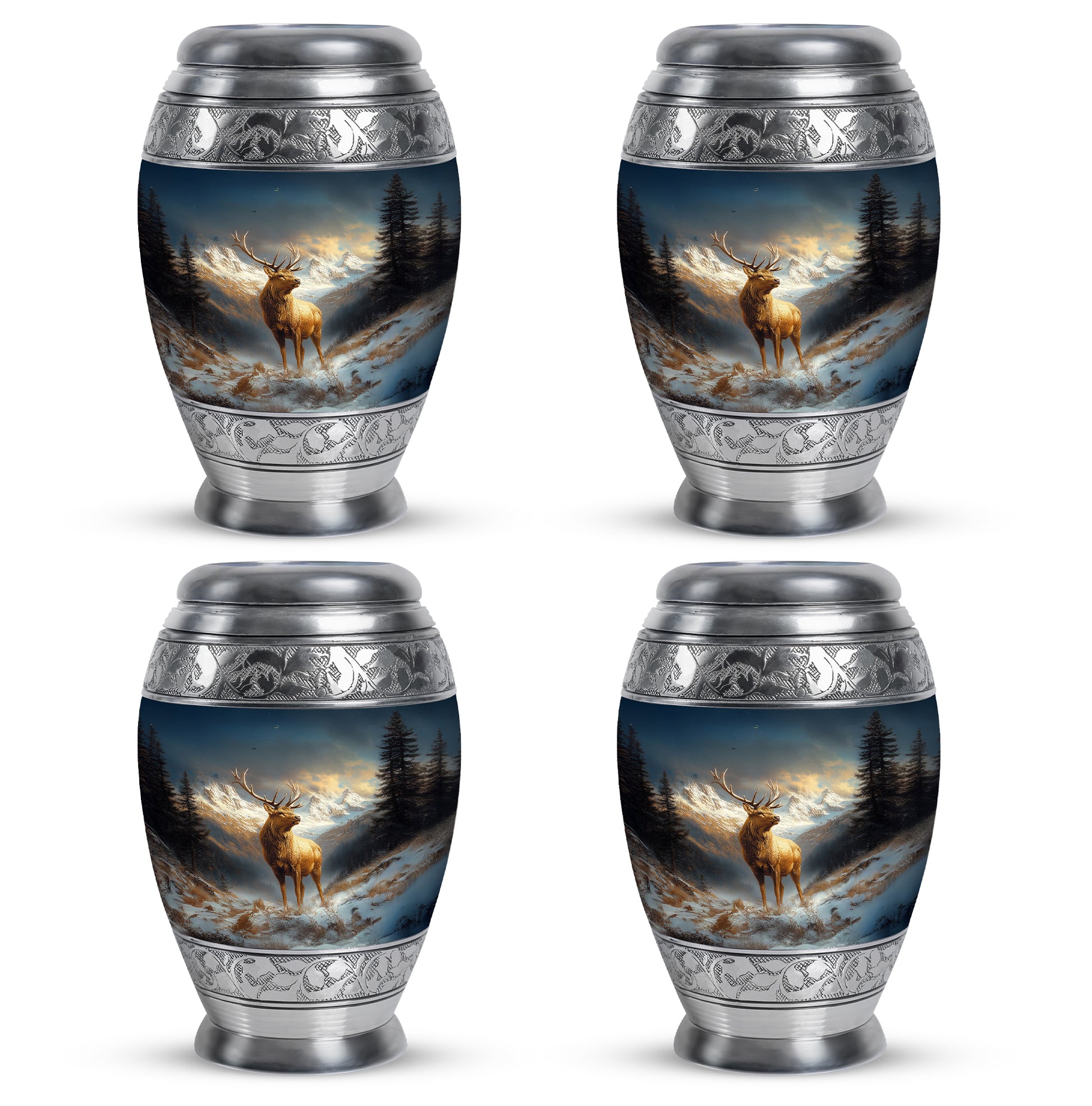 Cobalt Blue Deer Cremation Urn urn with complimentary velvet bag - majestic deer pattern with filigree border - 10 inch aluminum urn for cremated remains