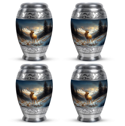 Cobalt Blue Deer Cremation Urn urn with complimentary velvet bag - majestic deer pattern with filigree border - 10 inch aluminum urn for cremated remains