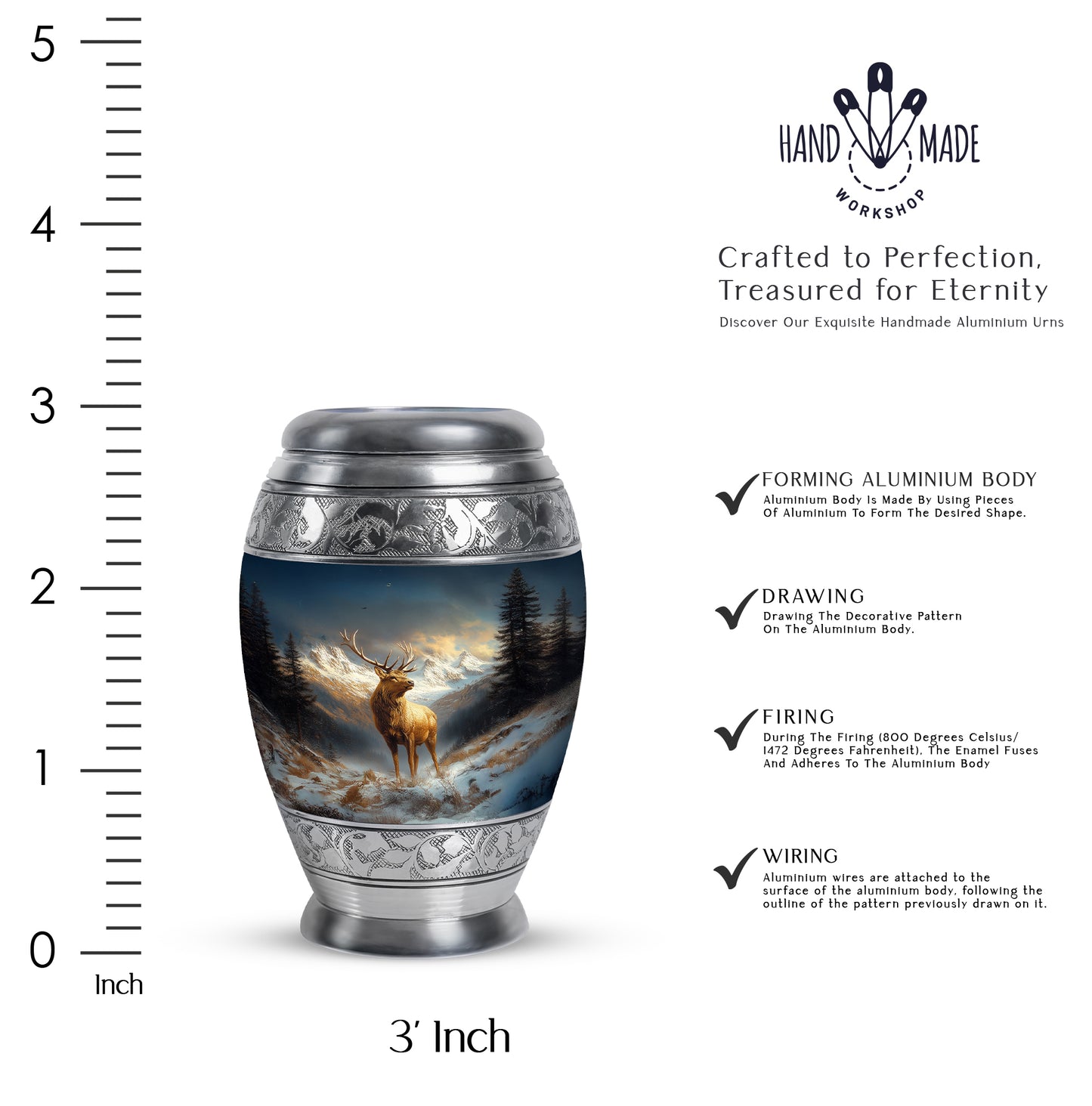 Cornflower Blue Deer Cremation Urn lifestyle display on memorial shelf - majestic deer pattern with filigree border - mini keepsake memorial for portion of cremation ashes
