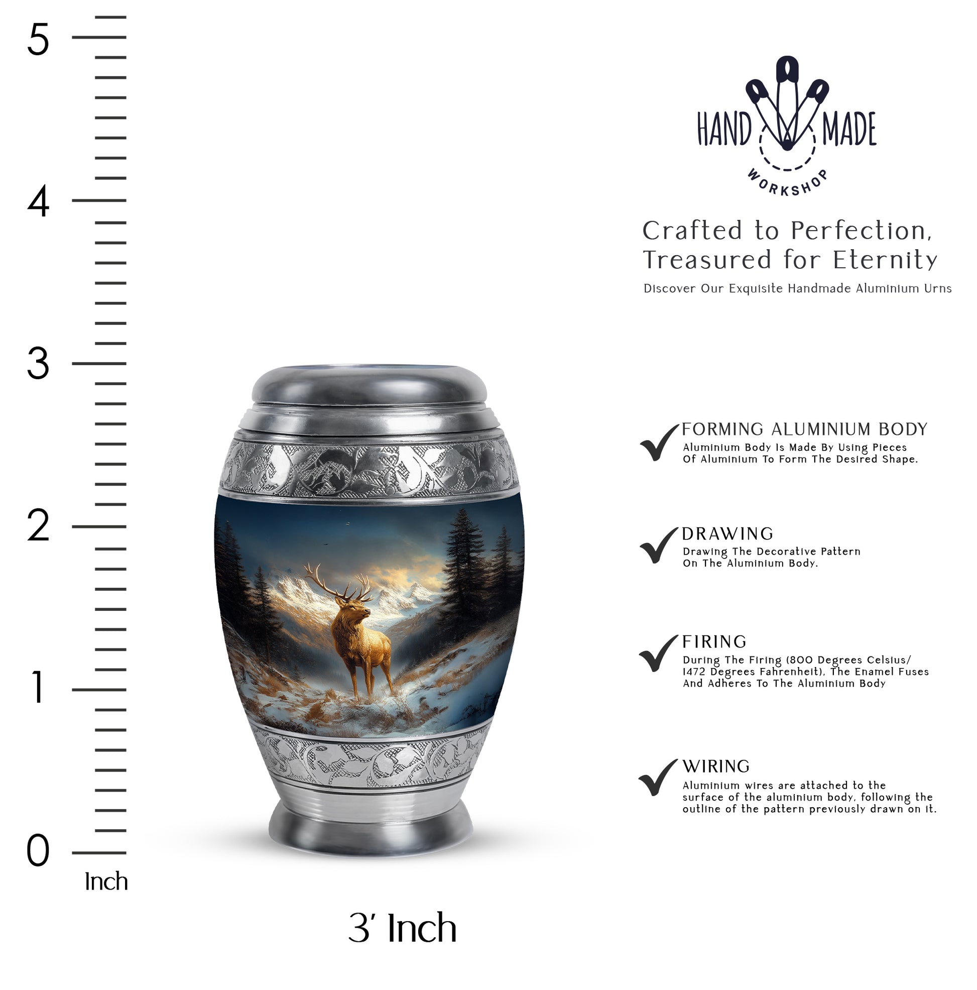 Cornflower Blue Deer Cremation Urn lifestyle display on memorial shelf - majestic deer pattern with filigree border - mini keepsake memorial for portion of cremation ashes
