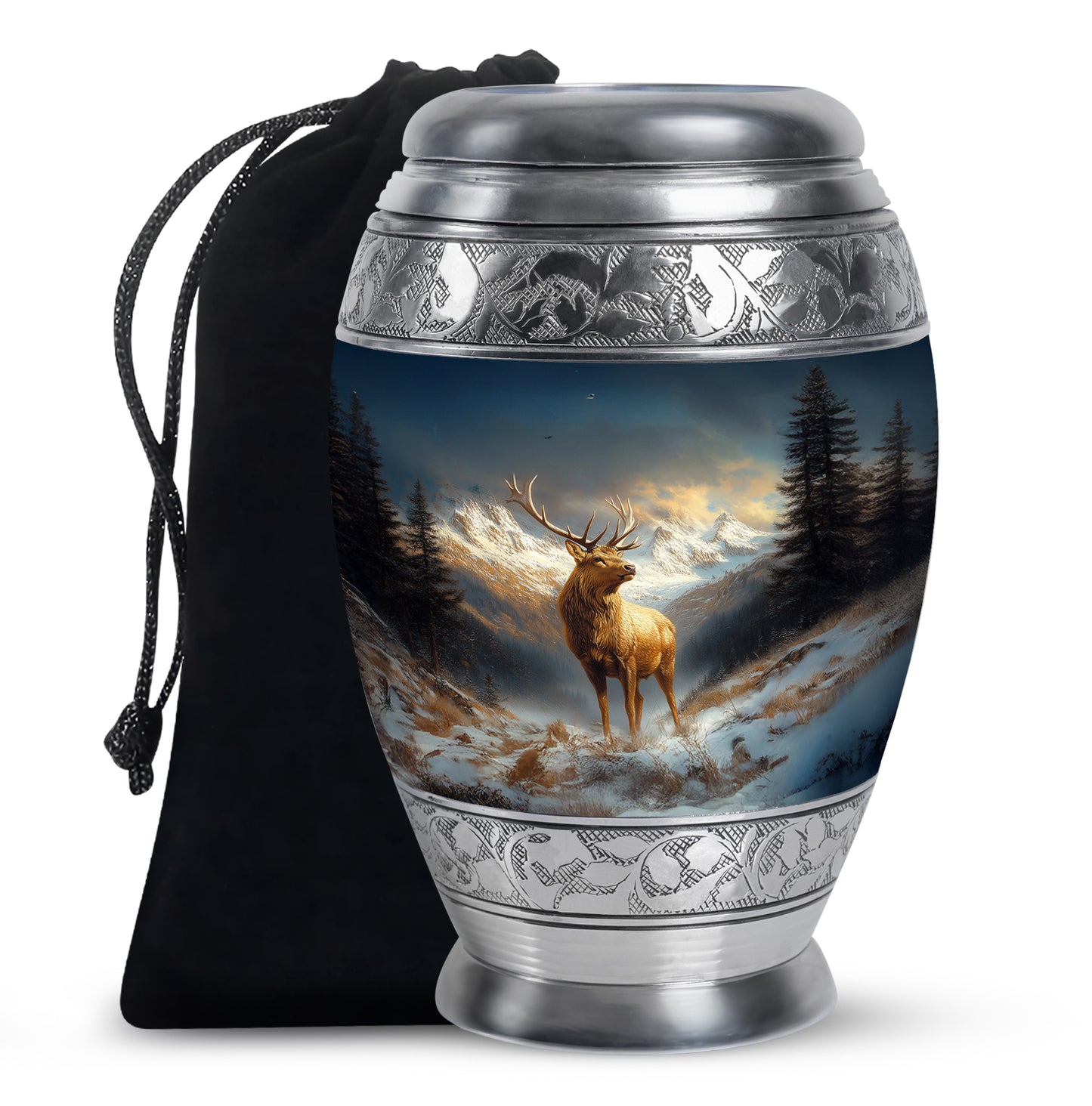 Indigo Deer Cremation Urn back view with polished surface - regal deer design with crown-inspired accents - full-size 10 inch 200 cubic inch adult cremation urn