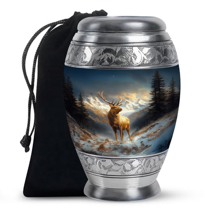 Indigo Deer Cremation Urn back view with polished surface - regal deer design with crown-inspired accents - full-size 10 inch 200 cubic inch adult cremation urn