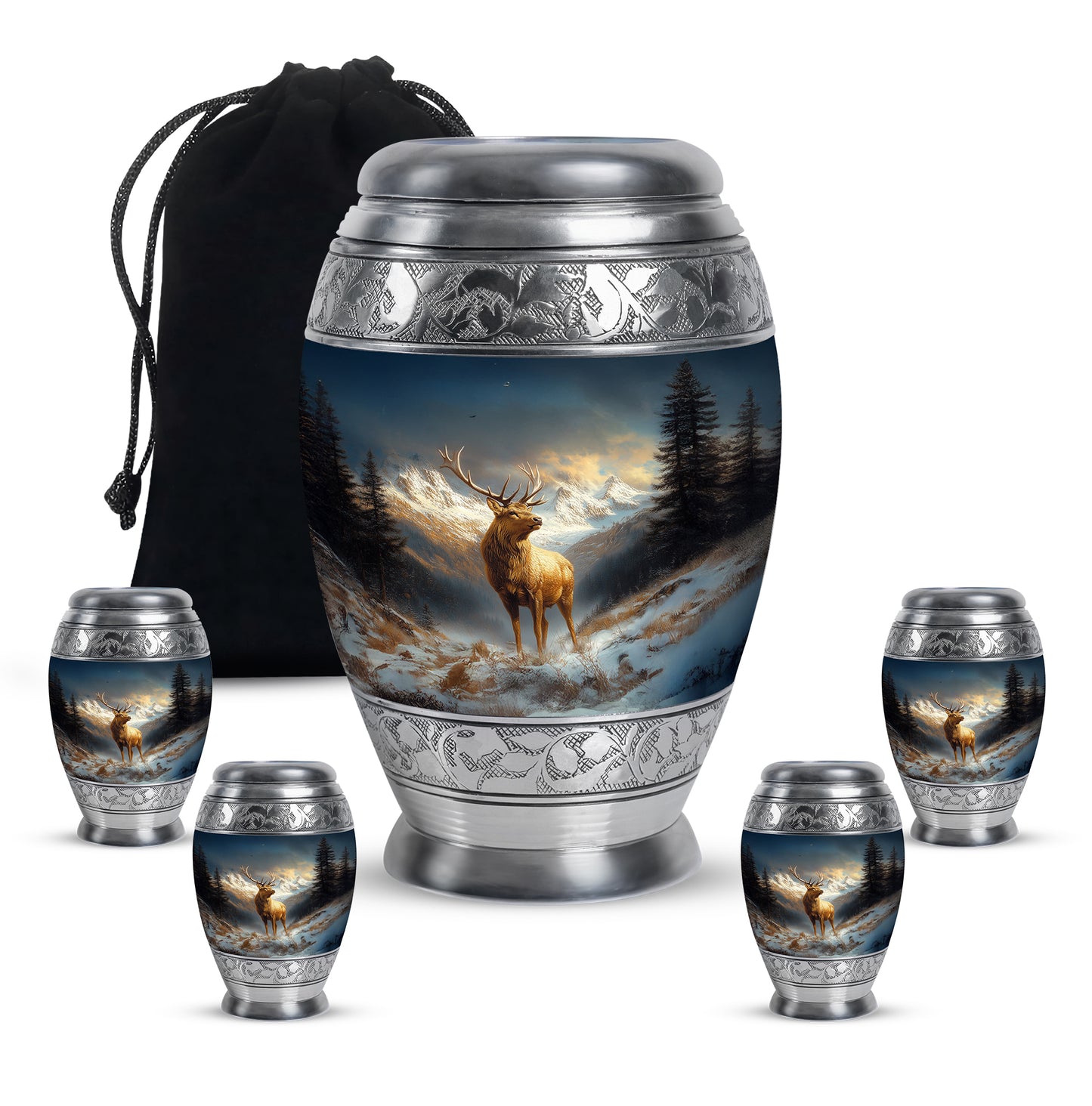 Slate Blue Deer Cremation Urn detail view - ornate monarch-style deer relief on brushed aluminum - memorial set with one large and four small urns
