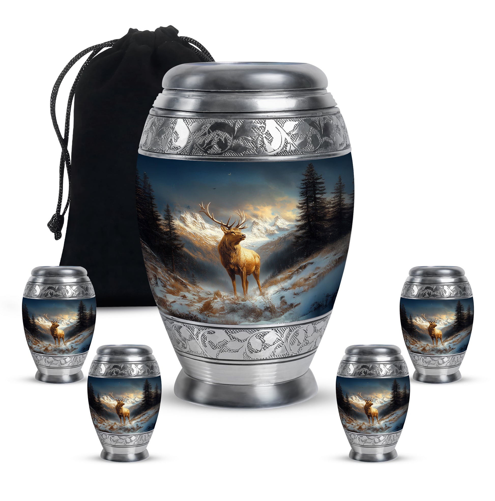 Slate Blue Deer Cremation Urn detail view - ornate monarch-style deer relief on brushed aluminum - memorial set with one large and four small urns