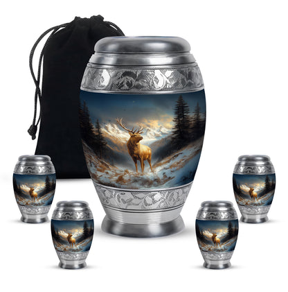 Slate Blue Deer Cremation Urn detail view - ornate monarch-style deer relief on brushed aluminum - memorial set with one large and four small urns