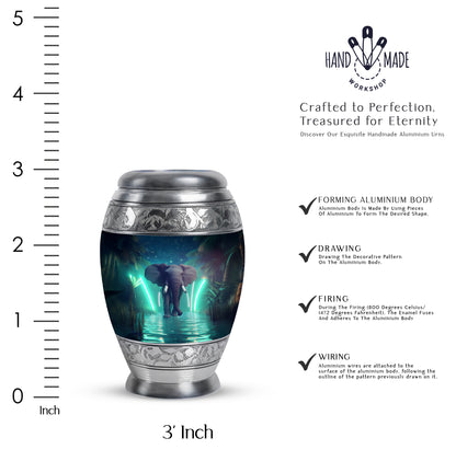 Twilight Blue Elephant Cremation Urn lifestyle display on memorial shelf - majestic elephant pattern with filigree border - mini keepsake memorial for portion of cremation ashes