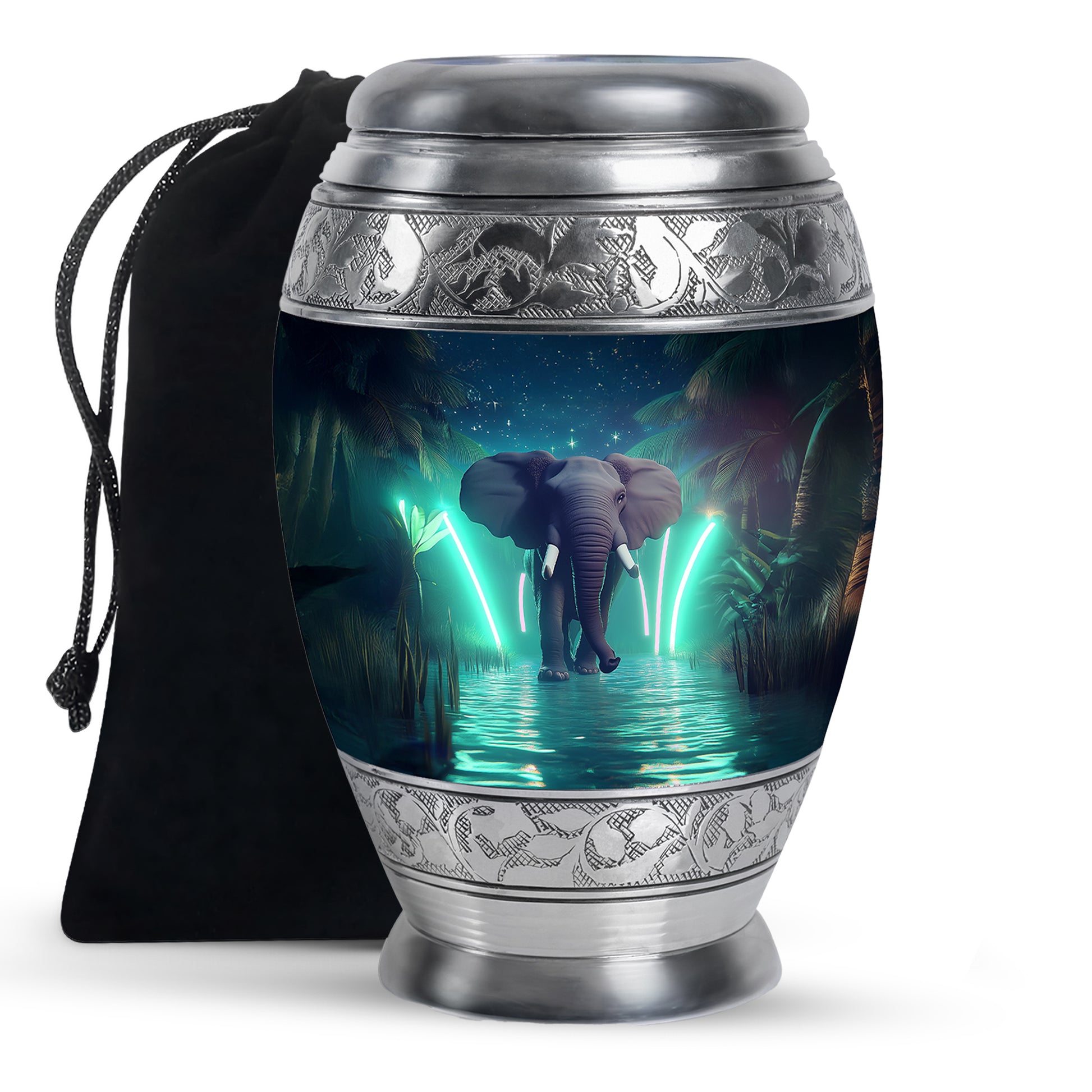 Celestial Blue Elephant Cremation Urn back view with polished surface - ornate monarch-style elephant relief on brushed aluminum - full-size 10 inch 200 cubic inch adult cremation urn