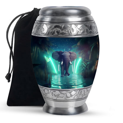 Celestial Blue Elephant Cremation Urn back view with polished surface - ornate monarch-style elephant relief on brushed aluminum - full-size 10 inch 200 cubic inch adult cremation urn
