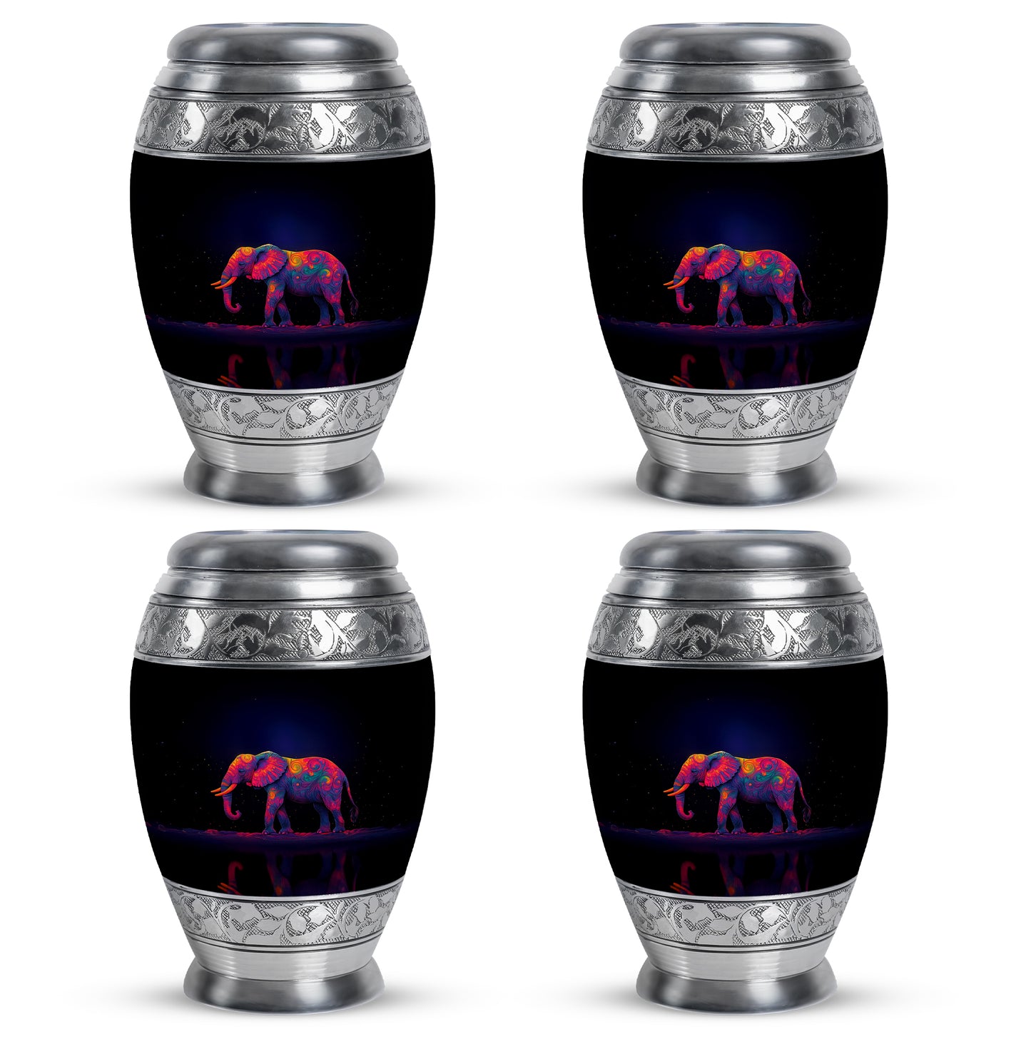 Icy Blue Elephant Cremation Urn urn with complimentary velvet bag - ornate monarch-style elephant relief on brushed aluminum - 10 inch aluminum urn for cremated remains