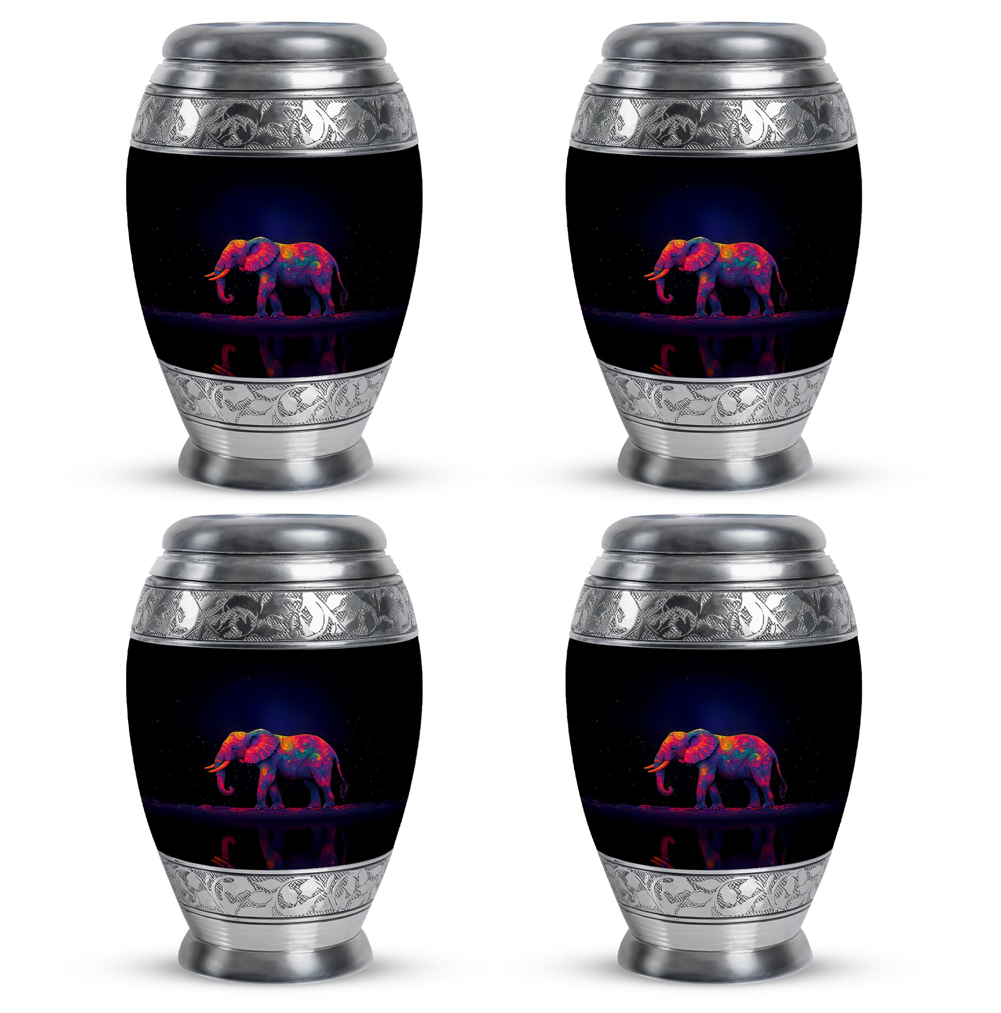 Icy Blue Elephant Cremation Urn urn with complimentary velvet bag - ornate monarch-style elephant relief on brushed aluminum - 10 inch aluminum urn for cremated remains