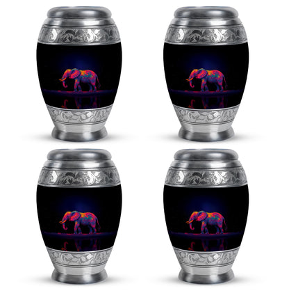 Icy Blue Elephant Cremation Urn urn with complimentary velvet bag - ornate monarch-style elephant relief on brushed aluminum - 10 inch aluminum urn for cremated remains