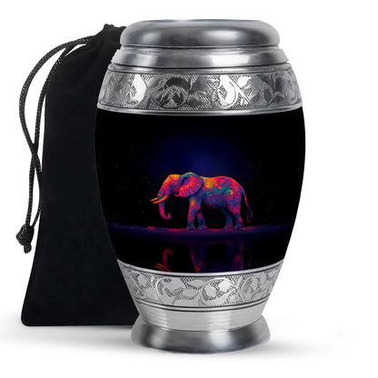 Royal Blue Elephant Cremation Urn back view with polished surface - royal elephant engraving with decorative scrollwork - full-size 10 inch 200 cubic inch adult cremation urn