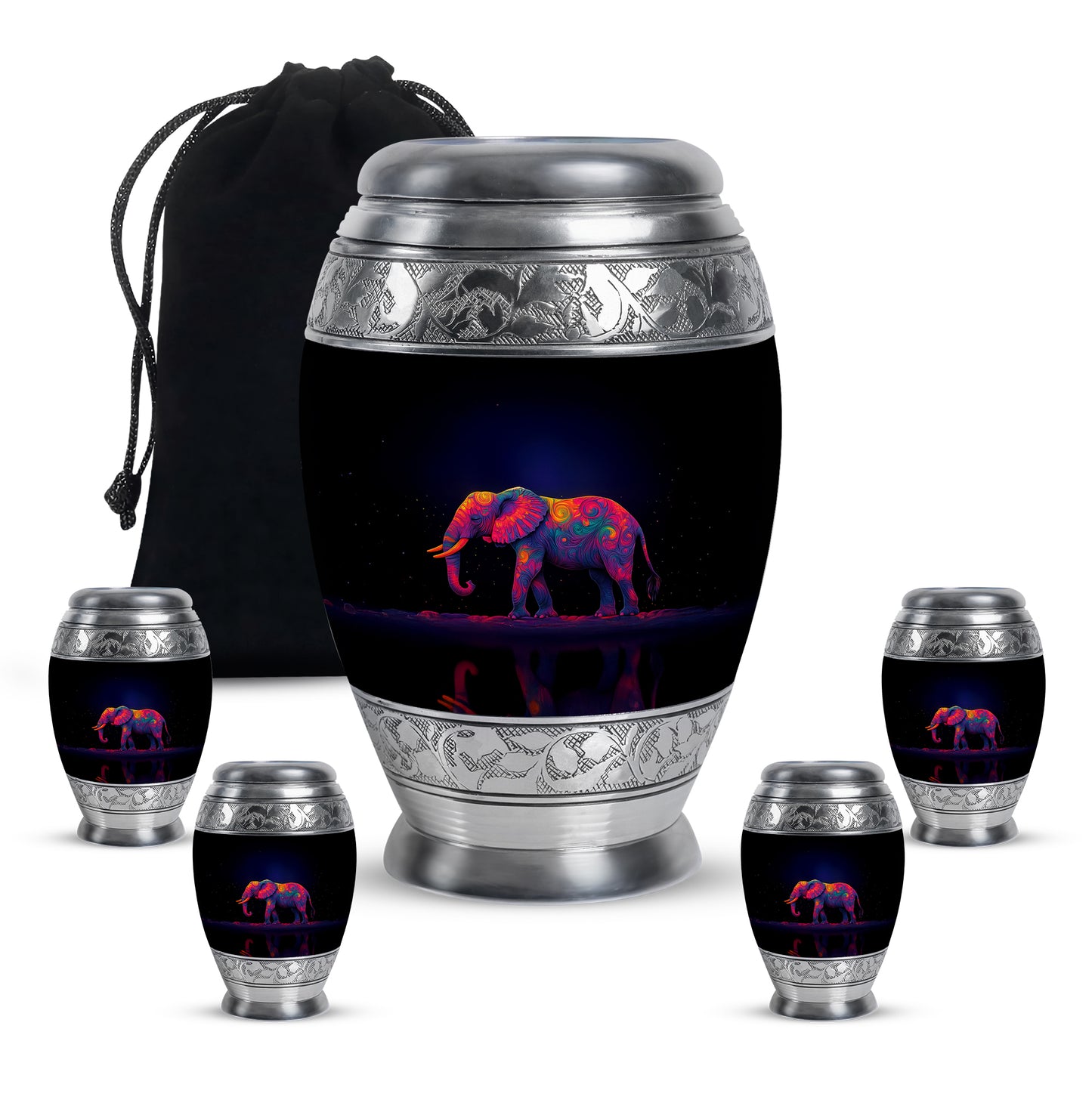 Azure Elephant Cremation Urn detail view - regal elephant design with crown-inspired accents - memorial set with one large and four small urns