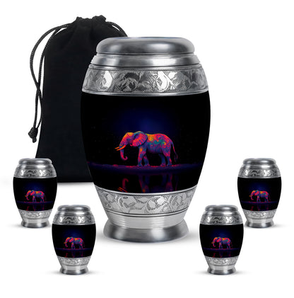 Azure Elephant Cremation Urn detail view - regal elephant design with crown-inspired accents - memorial set with one large and four small urns