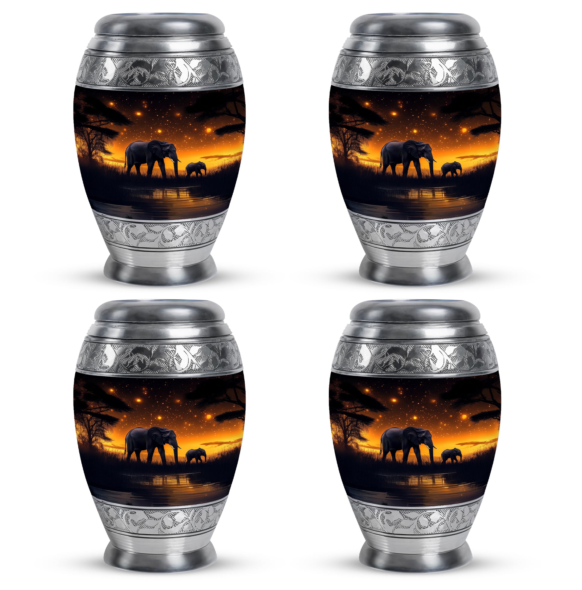 Rich Black Elephant Cremation Urn urn with complimentary velvet bag - regal elephant design with crown-inspired accents - 10 inch aluminum urn for cremated remains