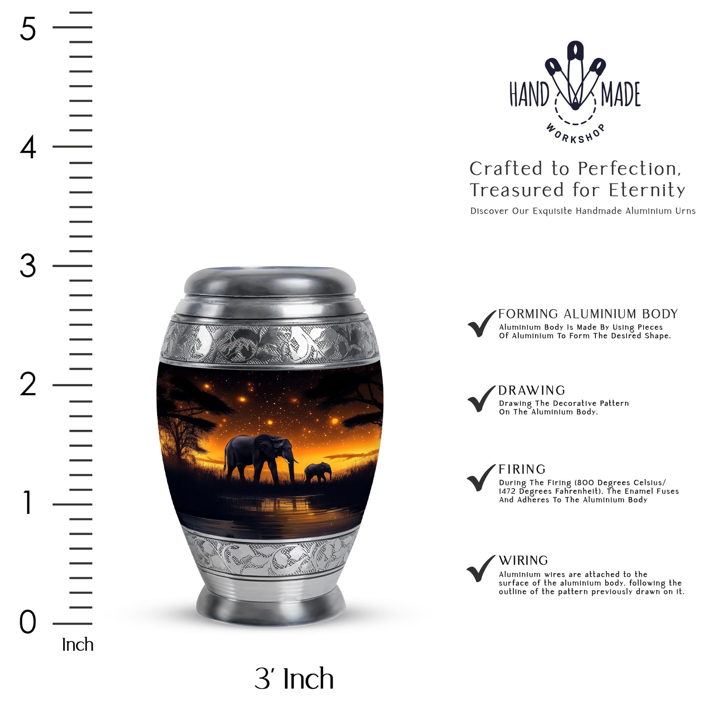 Deep Black Elephant Cremation Urn lifestyle display on memorial shelf - ornate monarch-style elephant relief on brushed aluminum - mini keepsake memorial for portion of cremation ashes