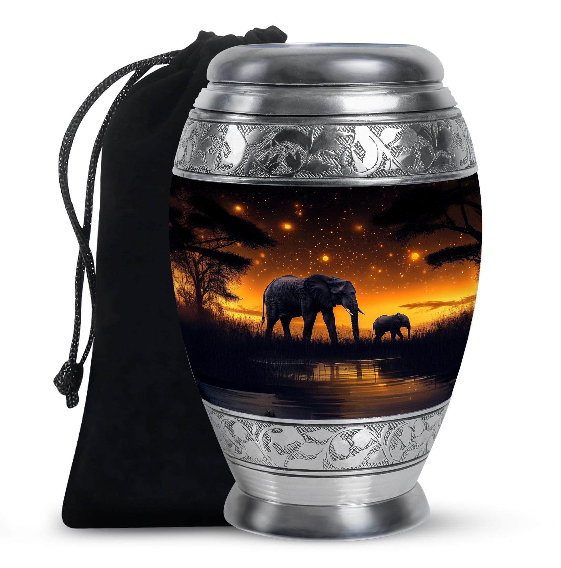Charcoal Black Elephant Cremation Urn back view with polished surface - majestic elephant pattern with filigree border - full-size 10 inch 200 cubic inch adult cremation urn