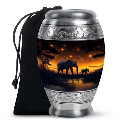 Charcoal Black Elephant Cremation Urn back view with polished surface - majestic elephant pattern with filigree border - full-size 10 inch 200 cubic inch adult cremation urn